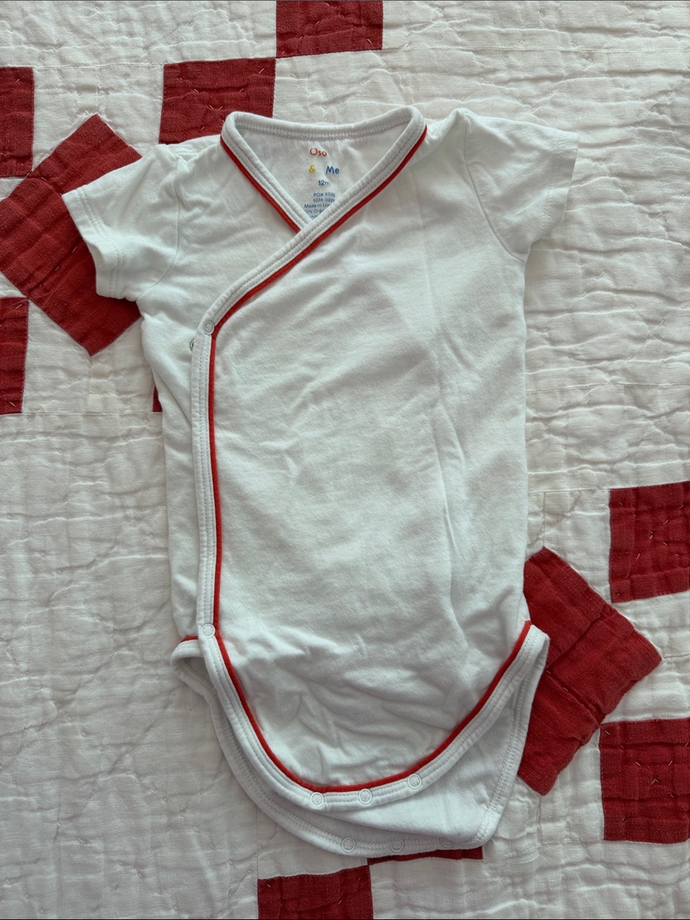Oso & Me White Baby Kimono Onesie with Red Trim